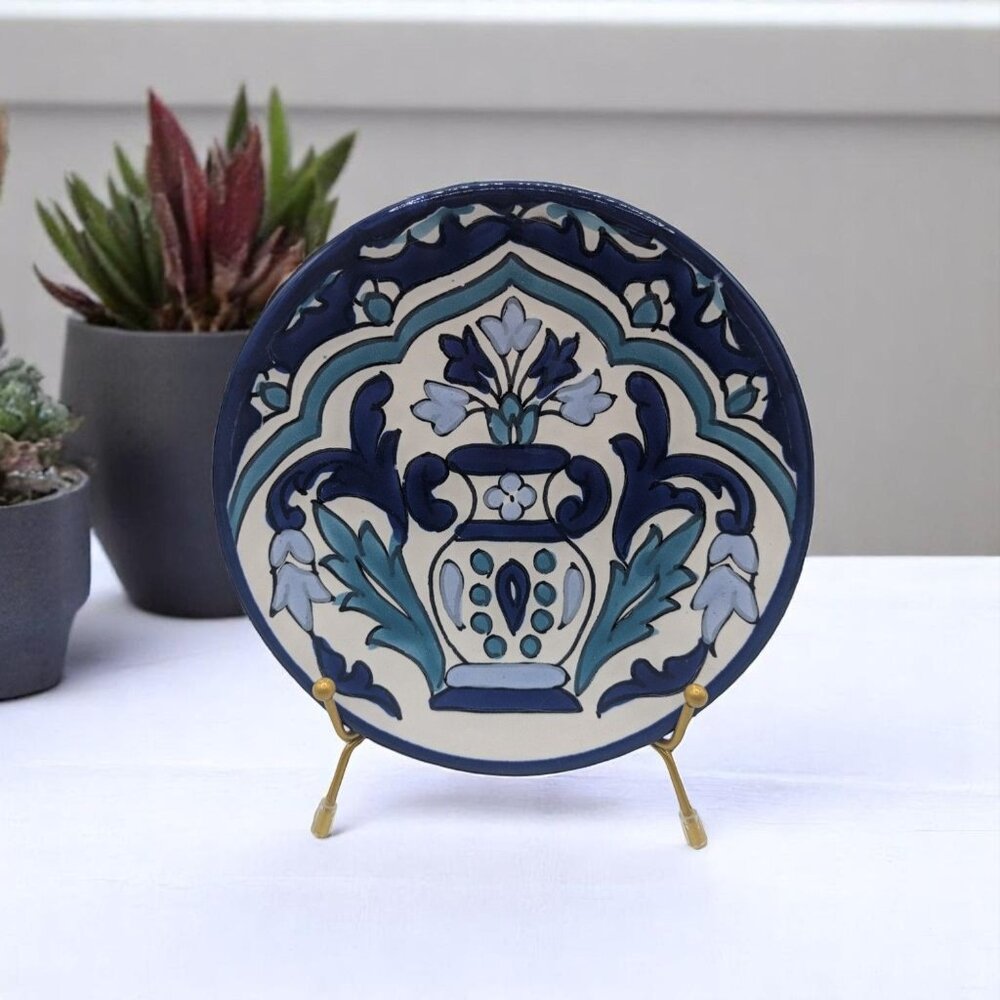 Vtg Tunisian Hand-Painted Ceramic Decorative Plate Blue & White 7 in Ready to ha